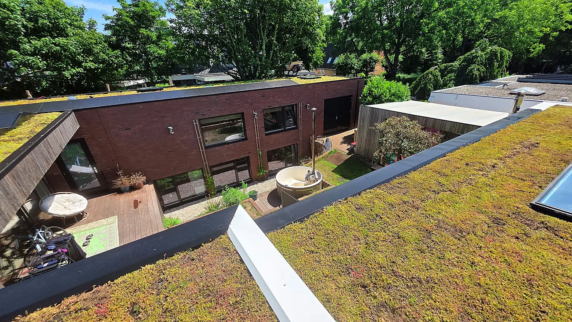 Sedumdak en tuin bij een moderne woning