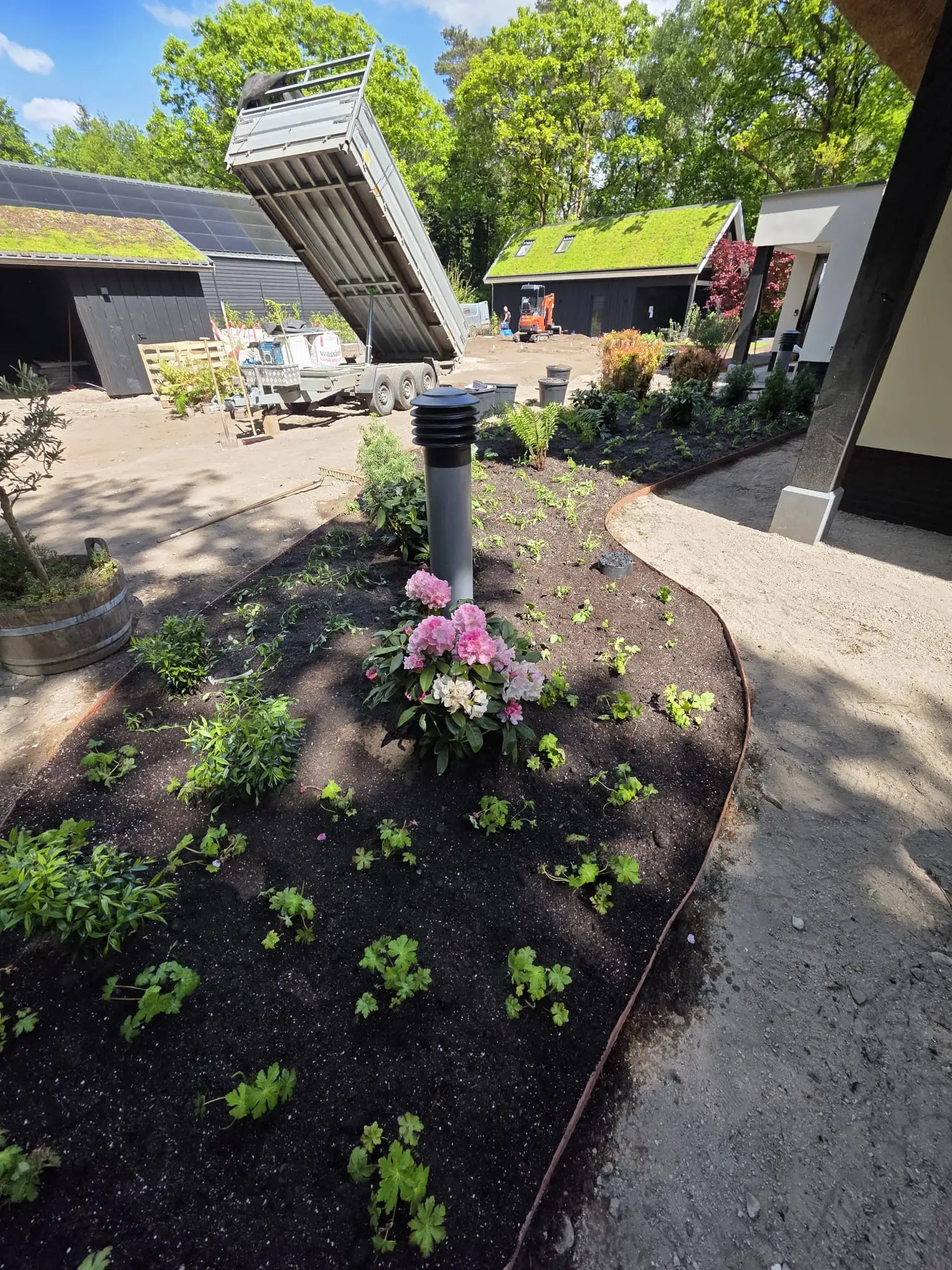Nieuw aangelegde border met beplanting en tuinverlichting